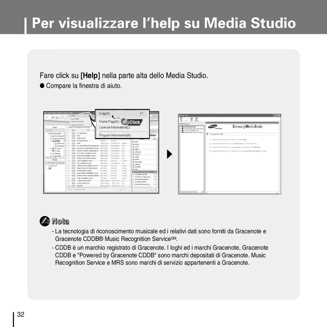 Samsung YP-D1Q/ELS manual Per visualizzare l’help su Media Studio, Fare click su Help nella parte alta dello Media Studio 