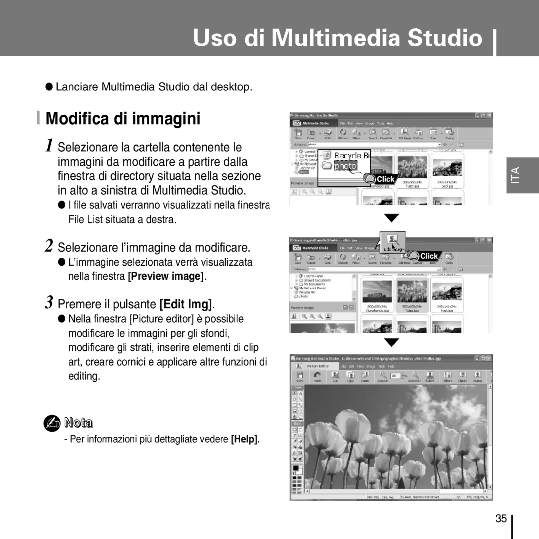 Samsung YP-D1ZW/ELS, YP-D1Q/ELS manual Uso di Multimedia Studio, Modifica di immagini, Selezionare l’immagine da modificare 