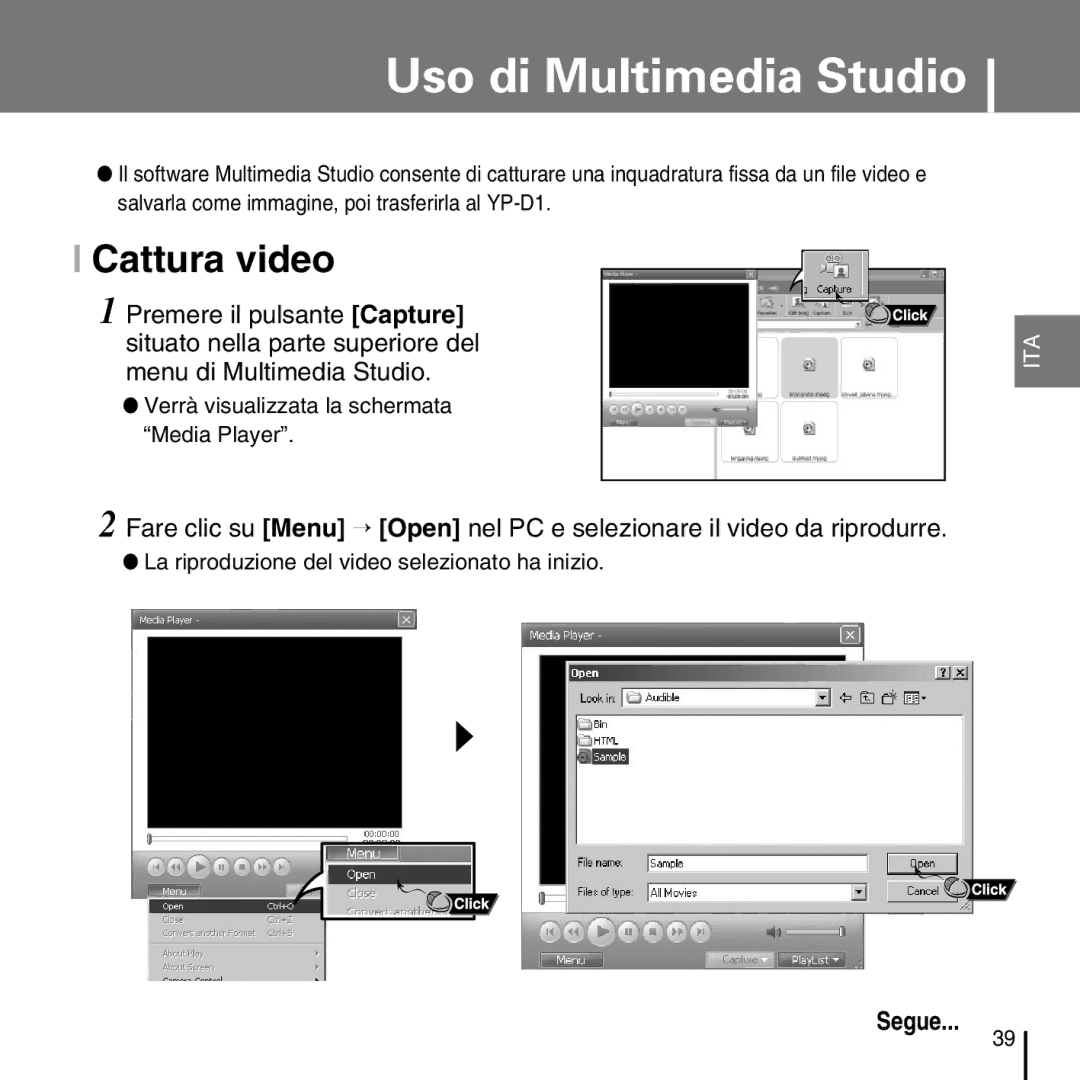 Samsung YP-D1ZW/ELS, YP-D1Q/ELS manual Cattura video, Verrà visualizzata la schermata Media Player 