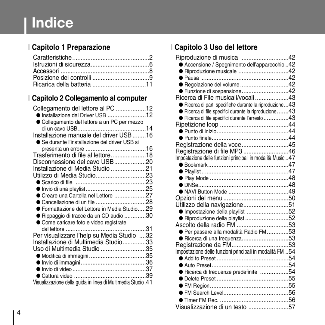 Samsung YP-D1Q/ELS, YP-D1ZW/ELS manual Indice, Capitolo 1 Preparazione 