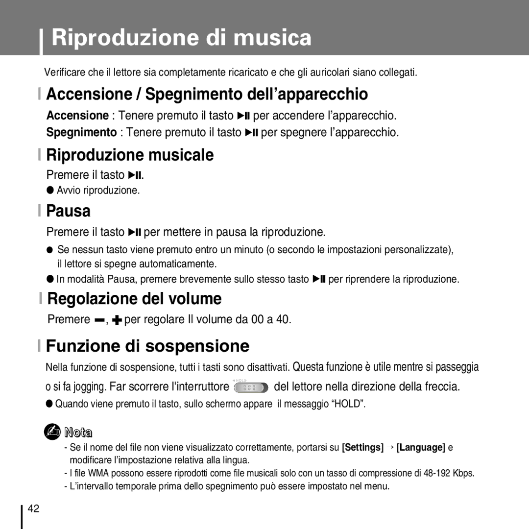 Samsung YP-D1Q/ELS, YP-D1ZW/ELS manual Riproduzione di musica 