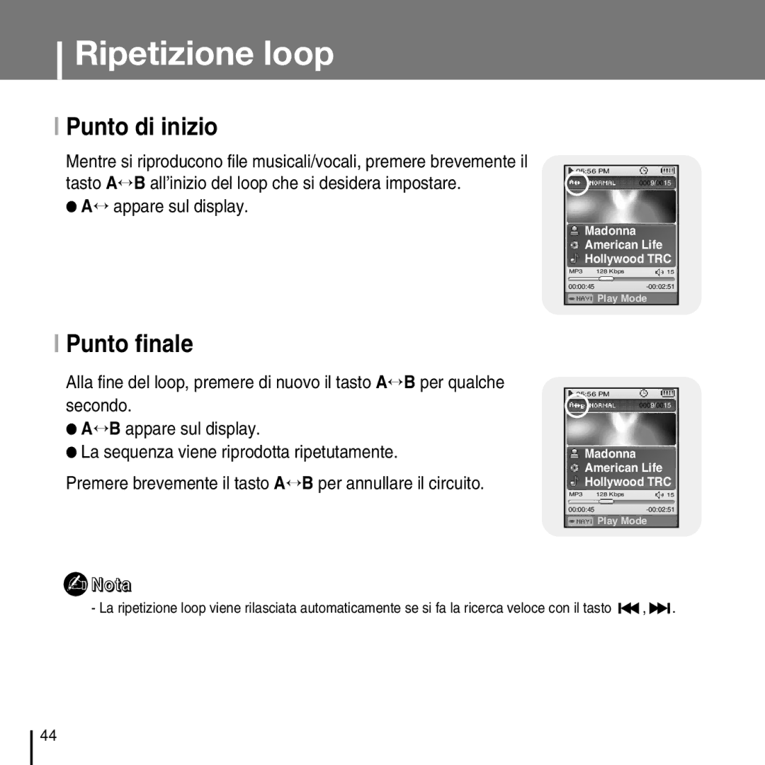 Samsung YP-D1Q/ELS, YP-D1ZW/ELS manual Ripetizione loop, Punto di inizio, Punto finale, ↔ appare sul display 