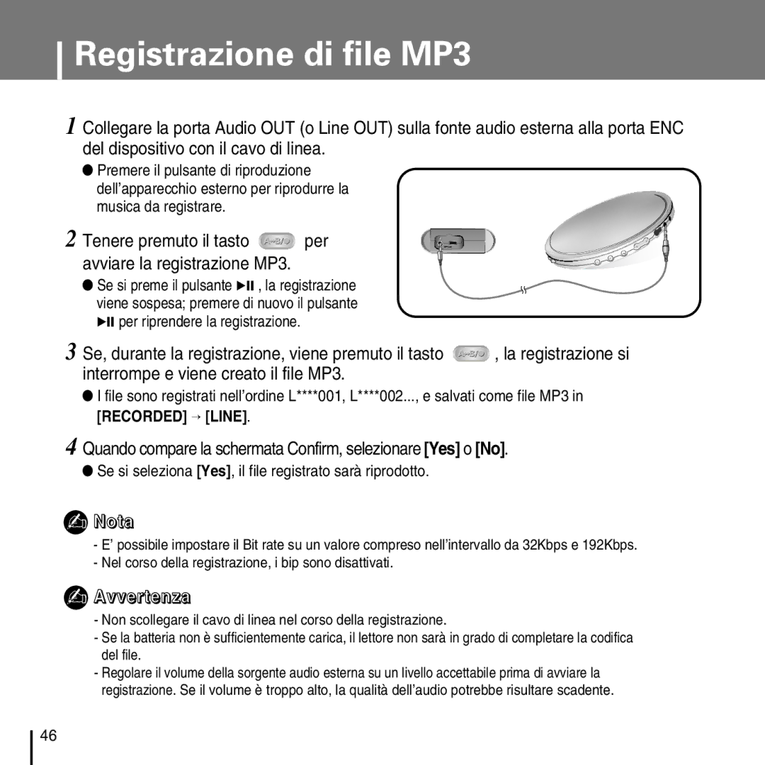 Samsung YP-D1Q/ELS, YP-D1ZW/ELS manual Registrazione di file MP3 