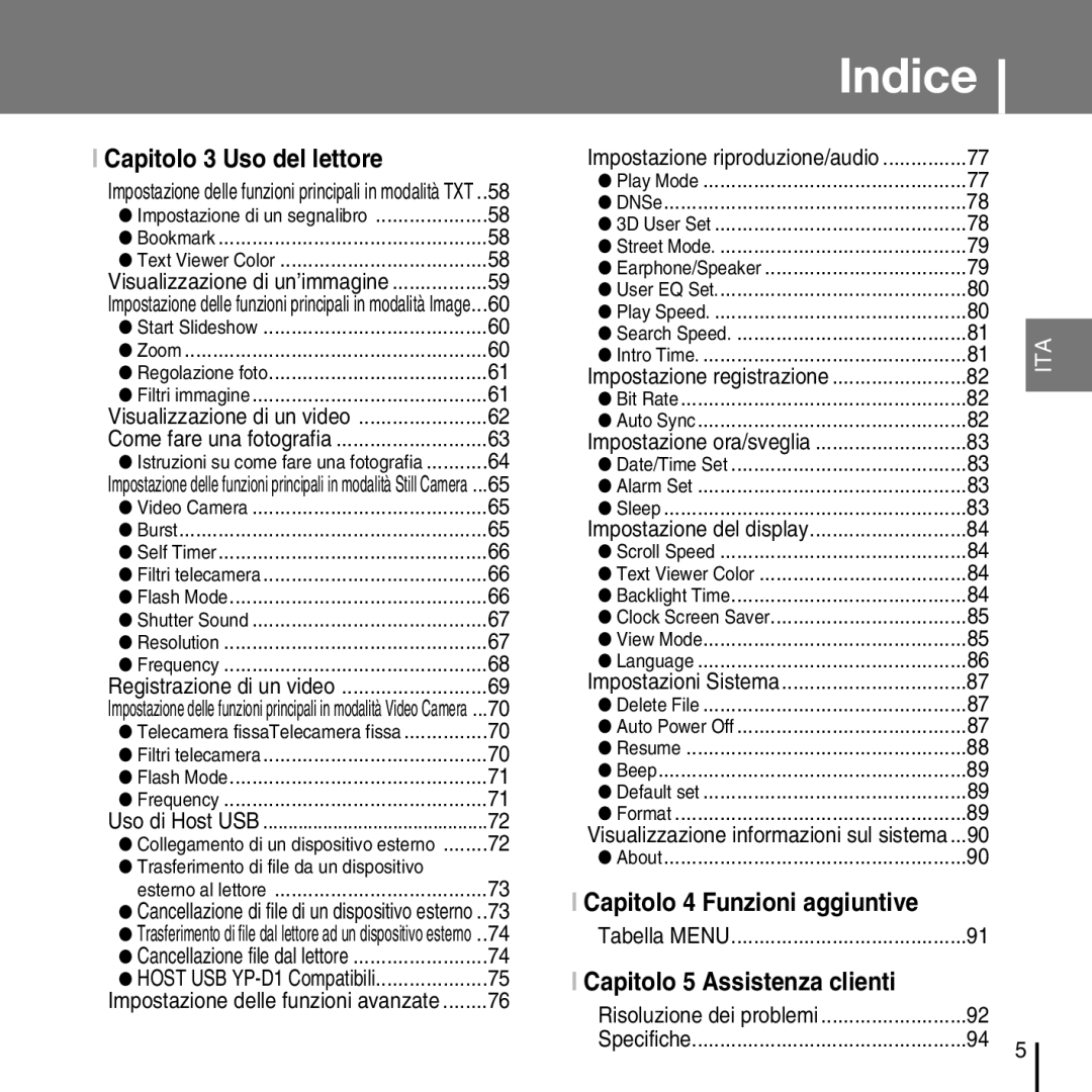 Samsung YP-D1ZW/ELS, YP-D1Q/ELS manual Capitolo 5 Assistenza clienti 