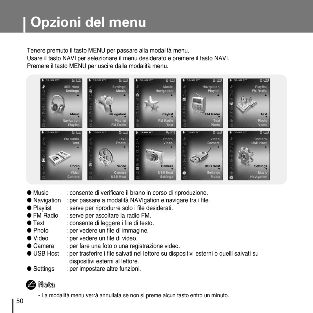 Samsung YP-D1Q/ELS, YP-D1ZW/ELS Opzioni del menu, Dispositivi esterni al lettore, Settings Per impostare altre funzioni 