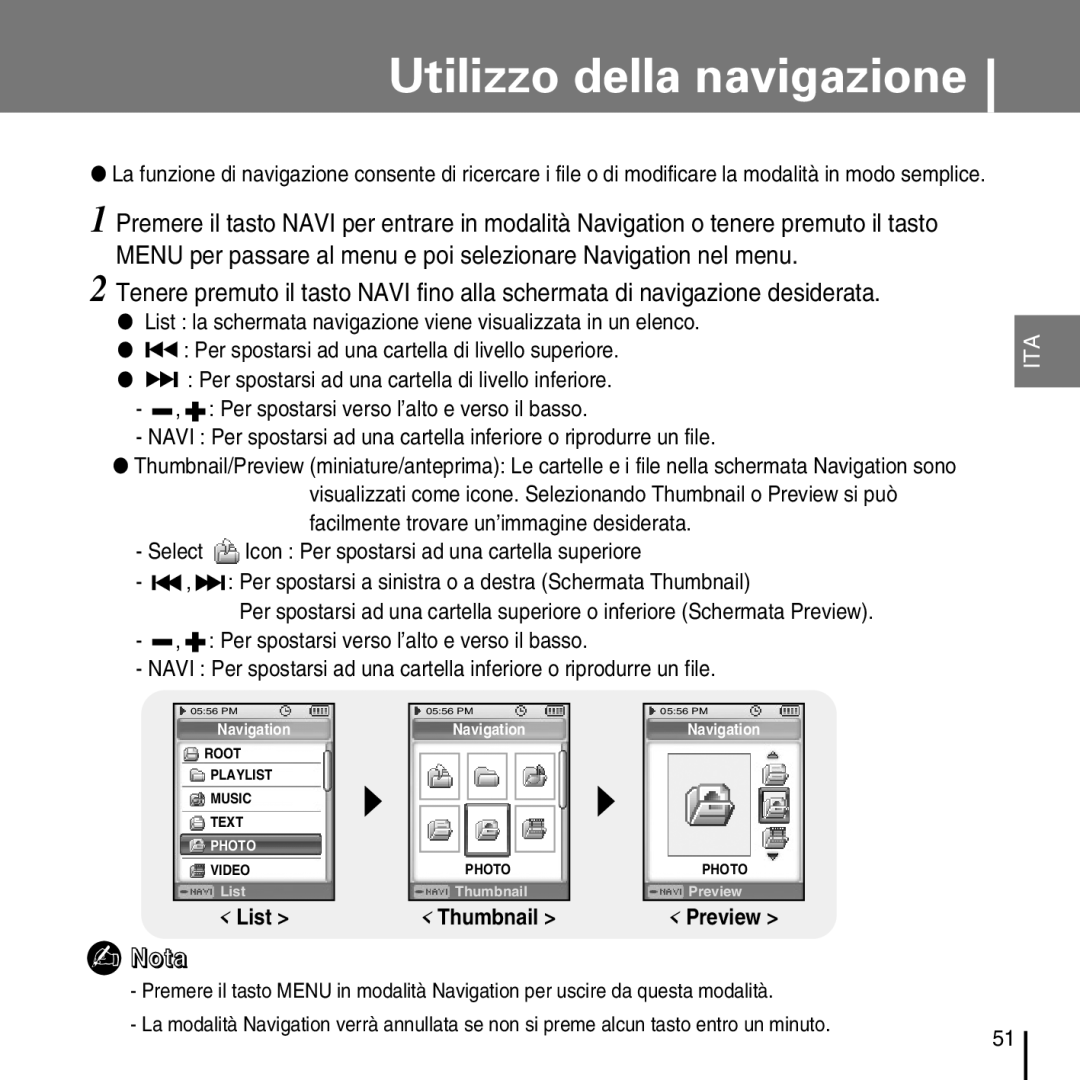 Samsung YP-D1ZW/ELS, YP-D1Q/ELS manual Utilizzo della navigazione, Preview 