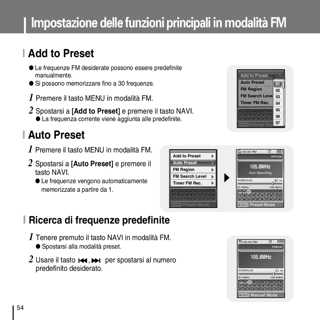 Samsung YP-D1Q/ELS, YP-D1ZW/ELS manual Add to Preset, Auto Preset, Ricerca di frequenze predefinite 