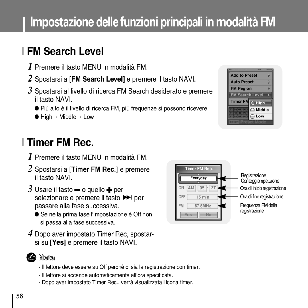 Samsung YP-D1Q/ELS, YP-D1ZW/ELS manual FM Search Level, Timer FM Rec, Premere il tasto Menu in modalità FM 