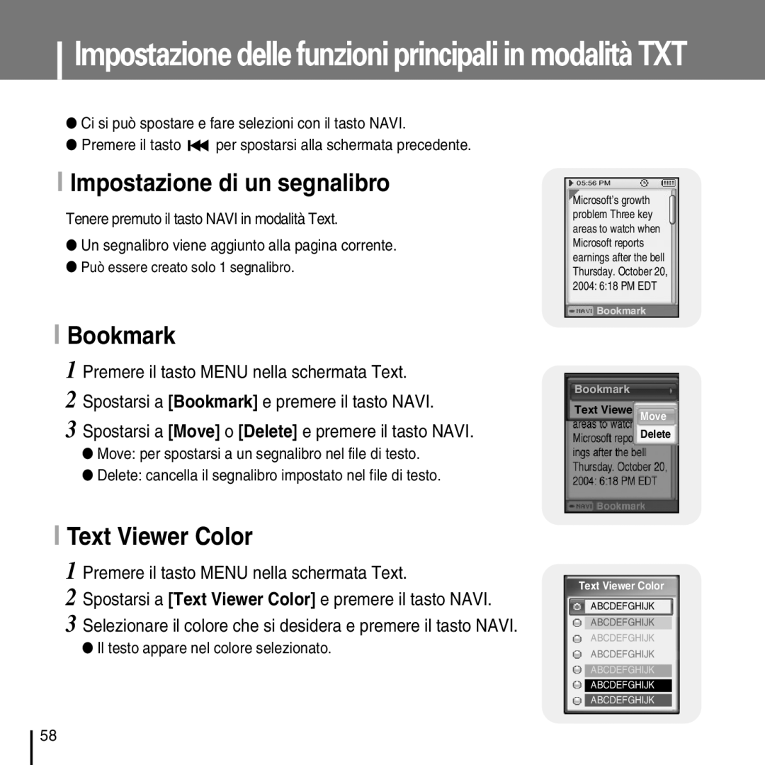 Samsung YP-D1Q/ELS Impostazione di un segnalibro, Bookmark, Text Viewer Color, Il testo appare nel colore selezionato 