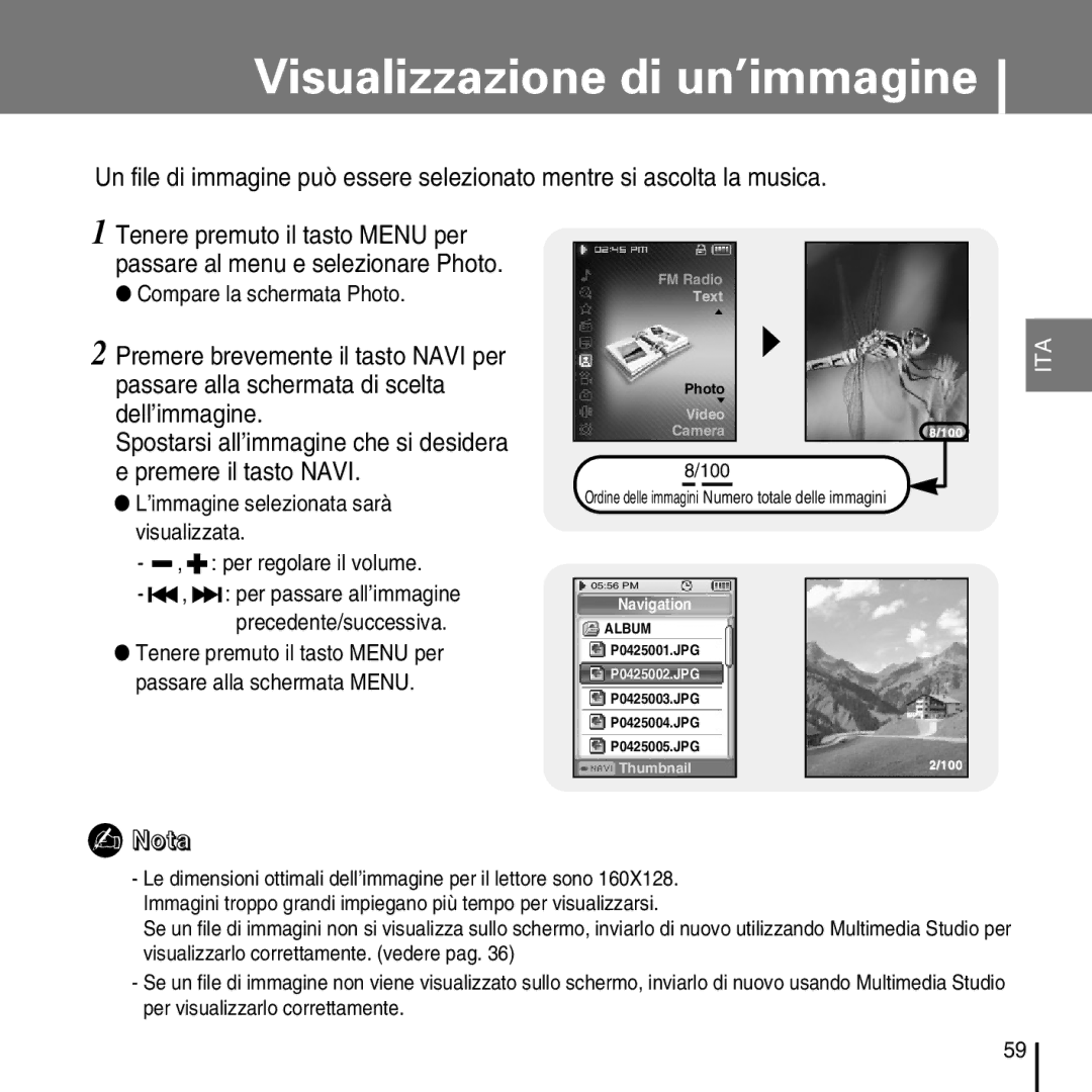 Samsung YP-D1ZW/ELS, YP-D1Q/ELS manual Visualizzazione di un’immagine, Dell’immagine, Spostarsi all’immagine che si desidera 