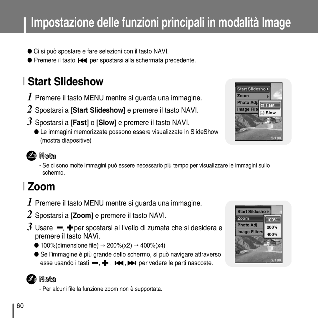 Samsung YP-D1Q/ELS, YP-D1ZW/ELS manual Start Slideshow, Zoom, 100%dimensione file → 200%x2 → 400%x4 