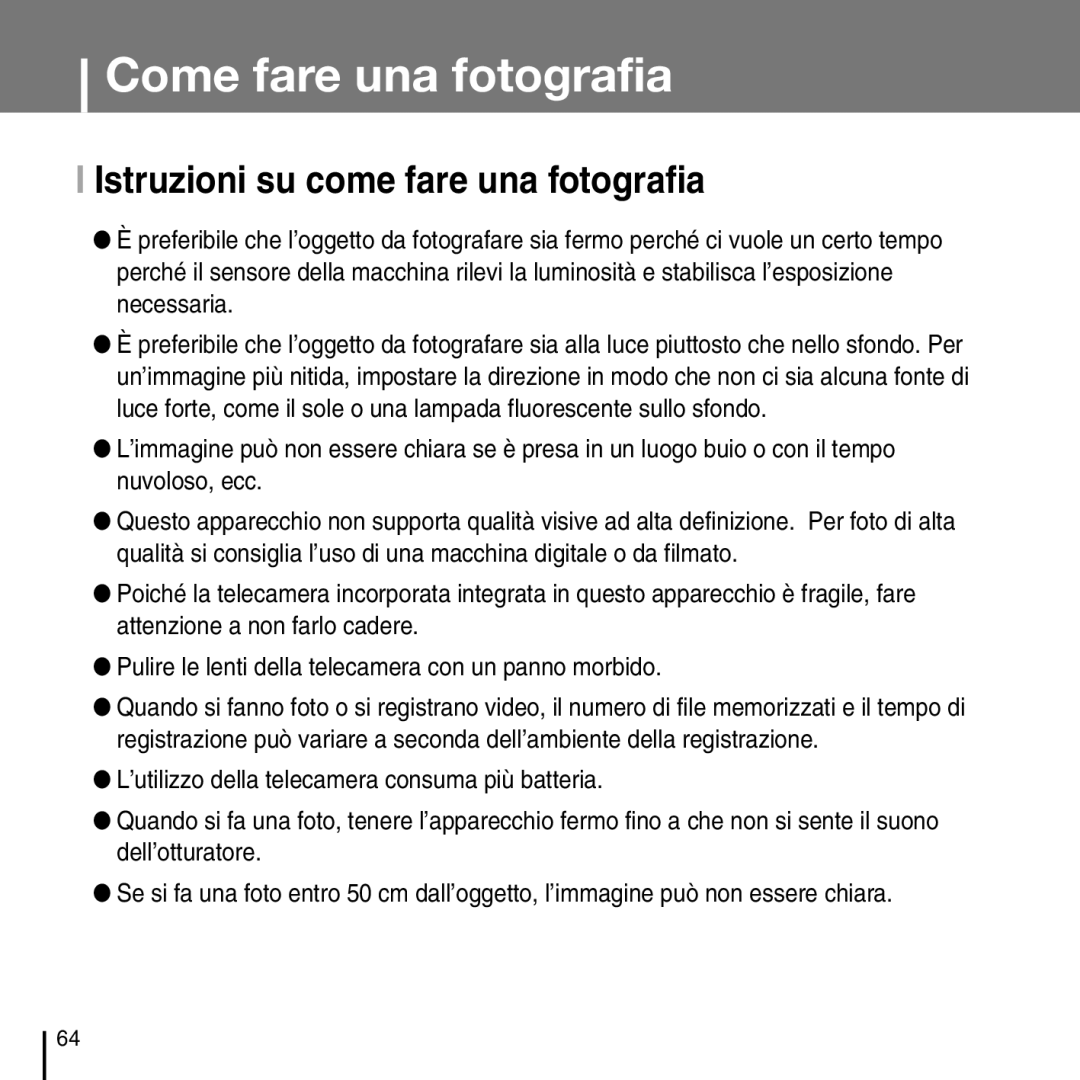 Samsung YP-D1Q/ELS, YP-D1ZW/ELS manual Istruzioni su come fare una fotografia 