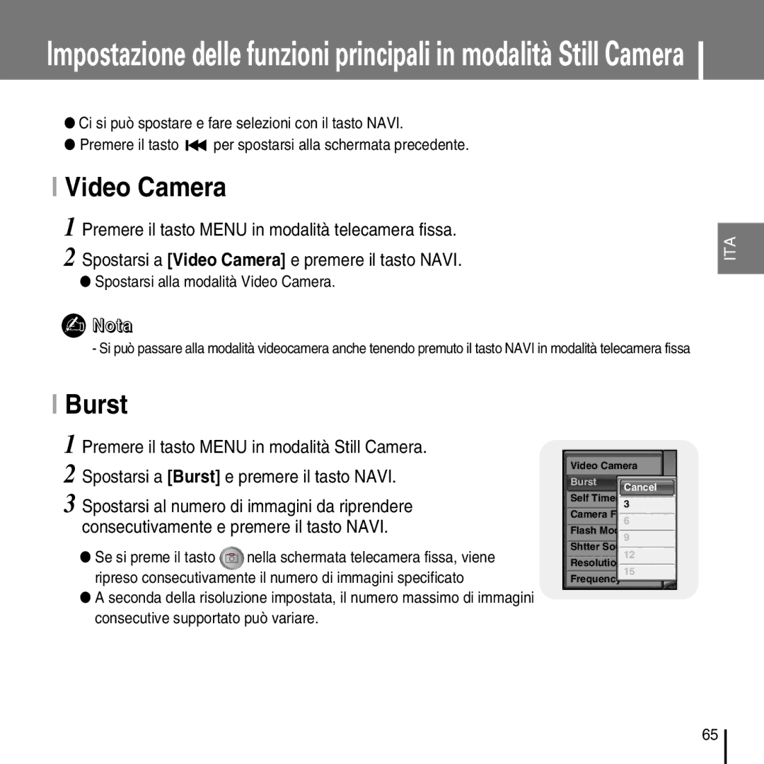 Samsung YP-D1ZW/ELS, YP-D1Q/ELS manual Video Camera, Burst 