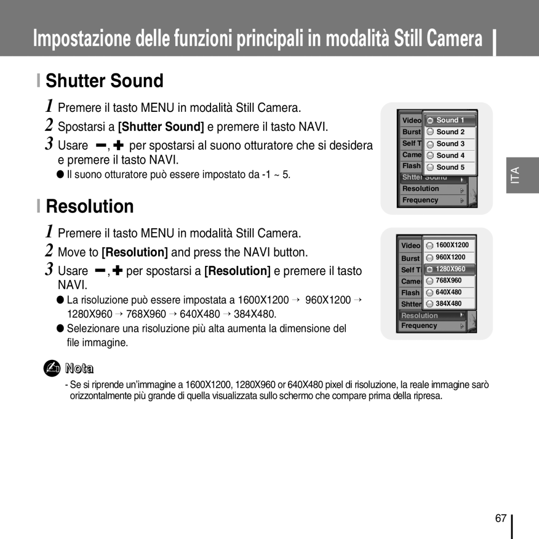 Samsung YP-D1ZW/ELS, YP-D1Q/ELS manual Shutter Sound, Resolution, Il suono otturatore può essere impostato da -1 ~ 