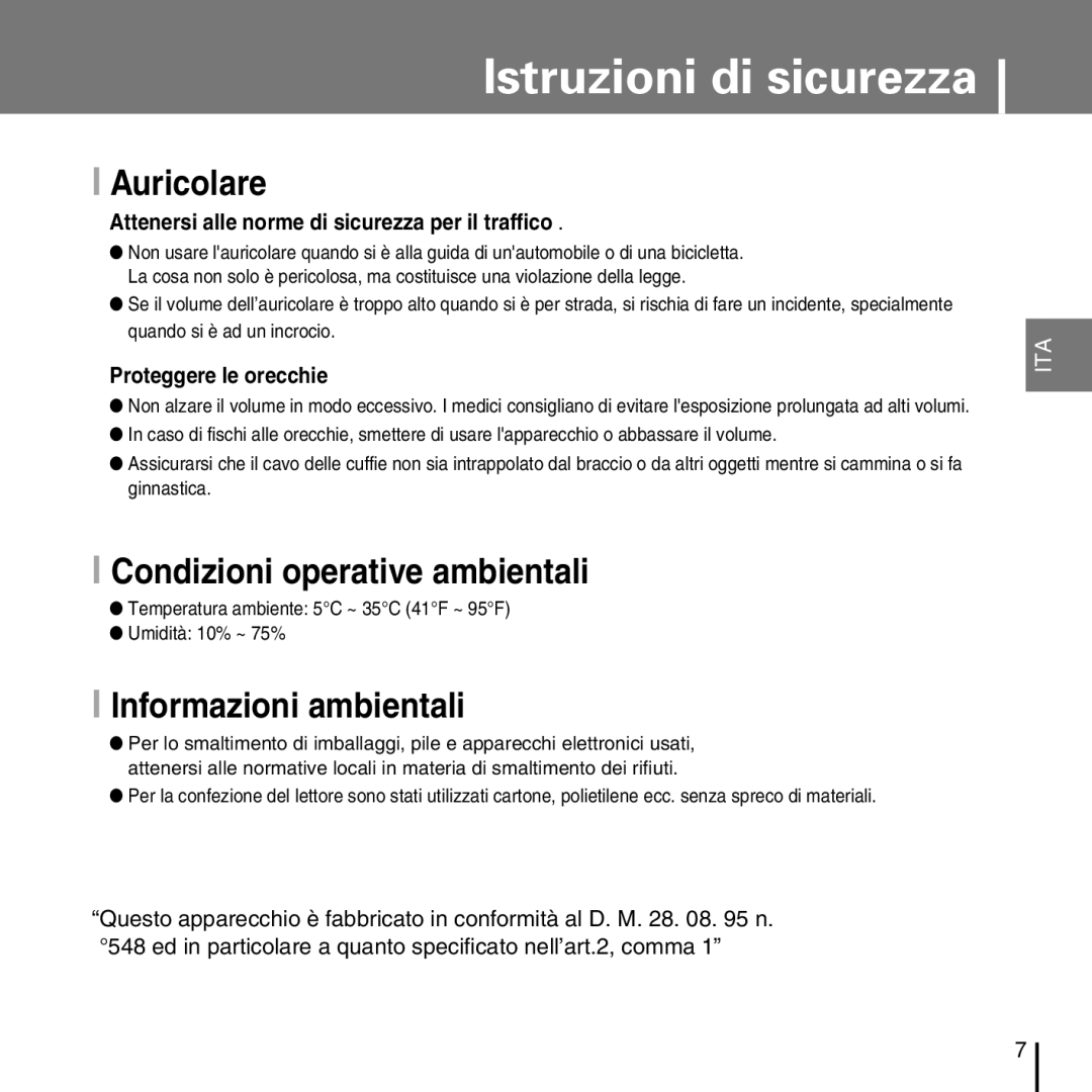 Samsung YP-D1ZW/ELS, YP-D1Q/ELS manual Auricolare, Condizioni operative ambientali, Informazioni ambientali 