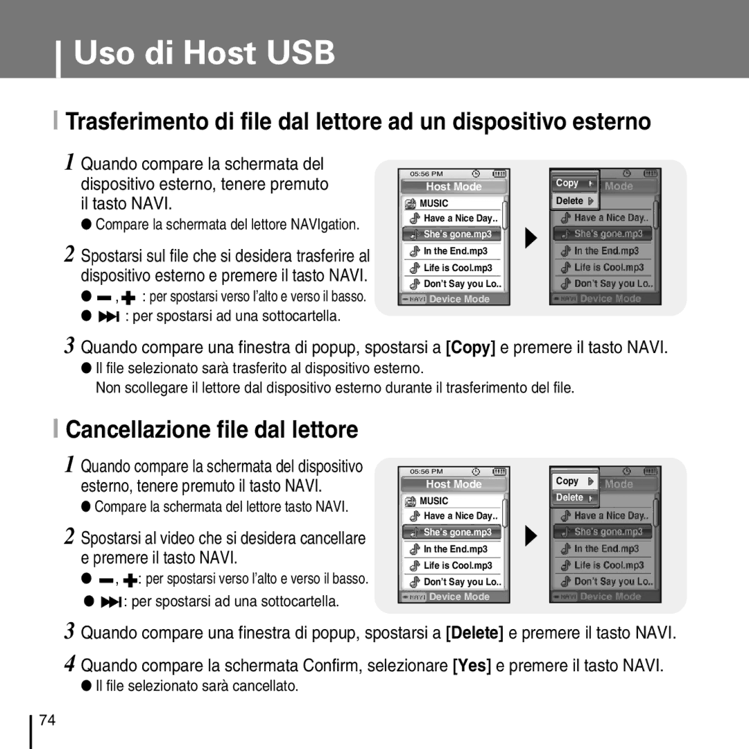 Samsung YP-D1Q/ELS manual Trasferimento di file dal lettore ad un dispositivo esterno, Cancellazione file dal lettore 