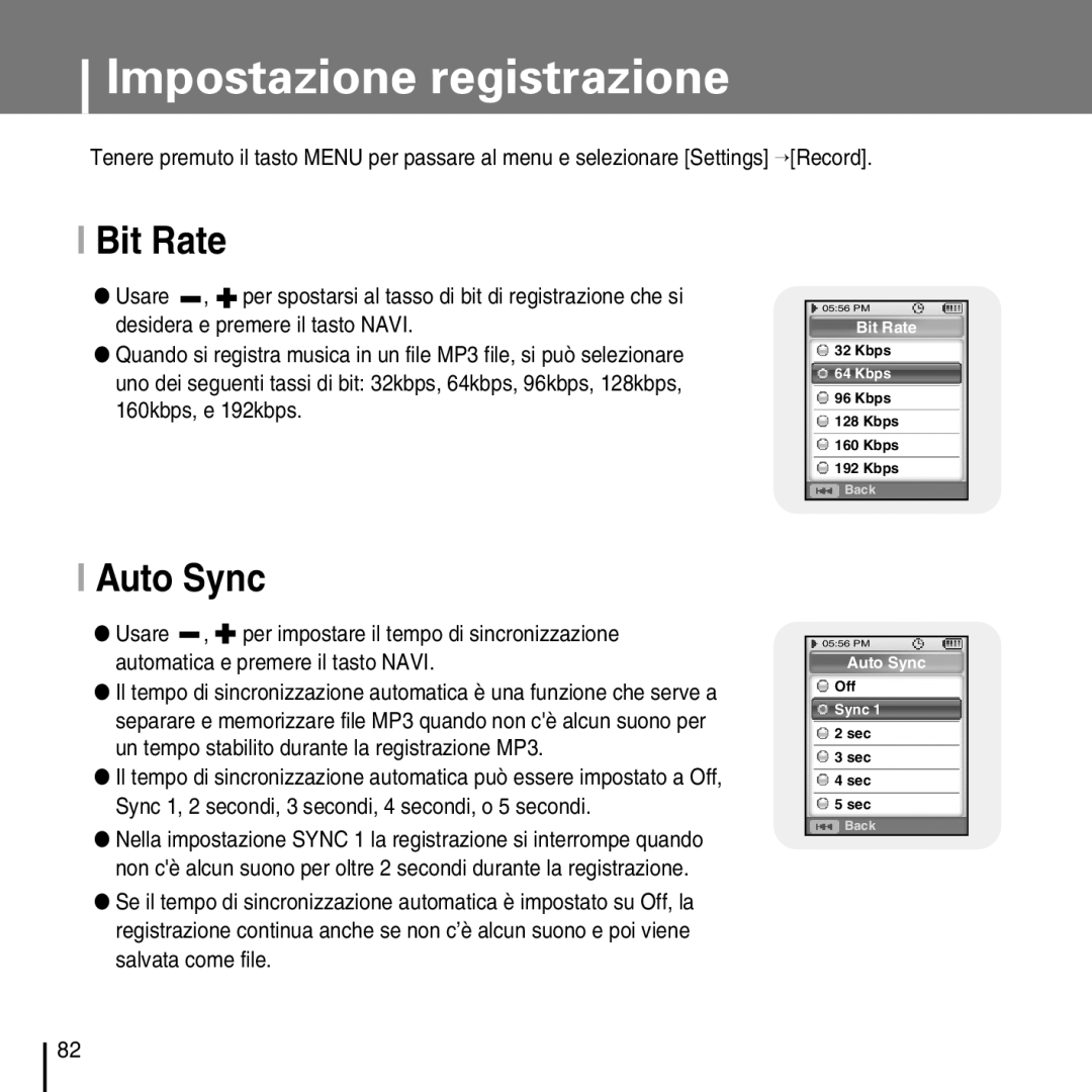 Samsung YP-D1Q/ELS, YP-D1ZW/ELS manual Impostazione registrazione, Bit Rate, Auto Sync 