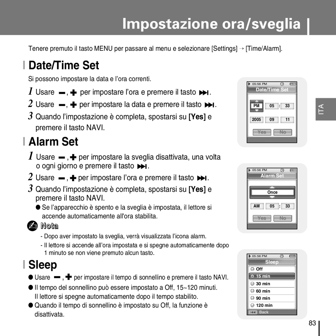 Samsung YP-D1ZW/ELS, YP-D1Q/ELS manual Impostazione ora/sveglia, Date/Time Set, Alarm Set, Sleep 