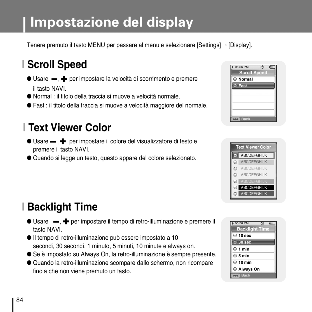 Samsung YP-D1Q/ELS, YP-D1ZW/ELS manual Impostazione del display, Scroll Speed, Text Viewer Color, Backlight Time 