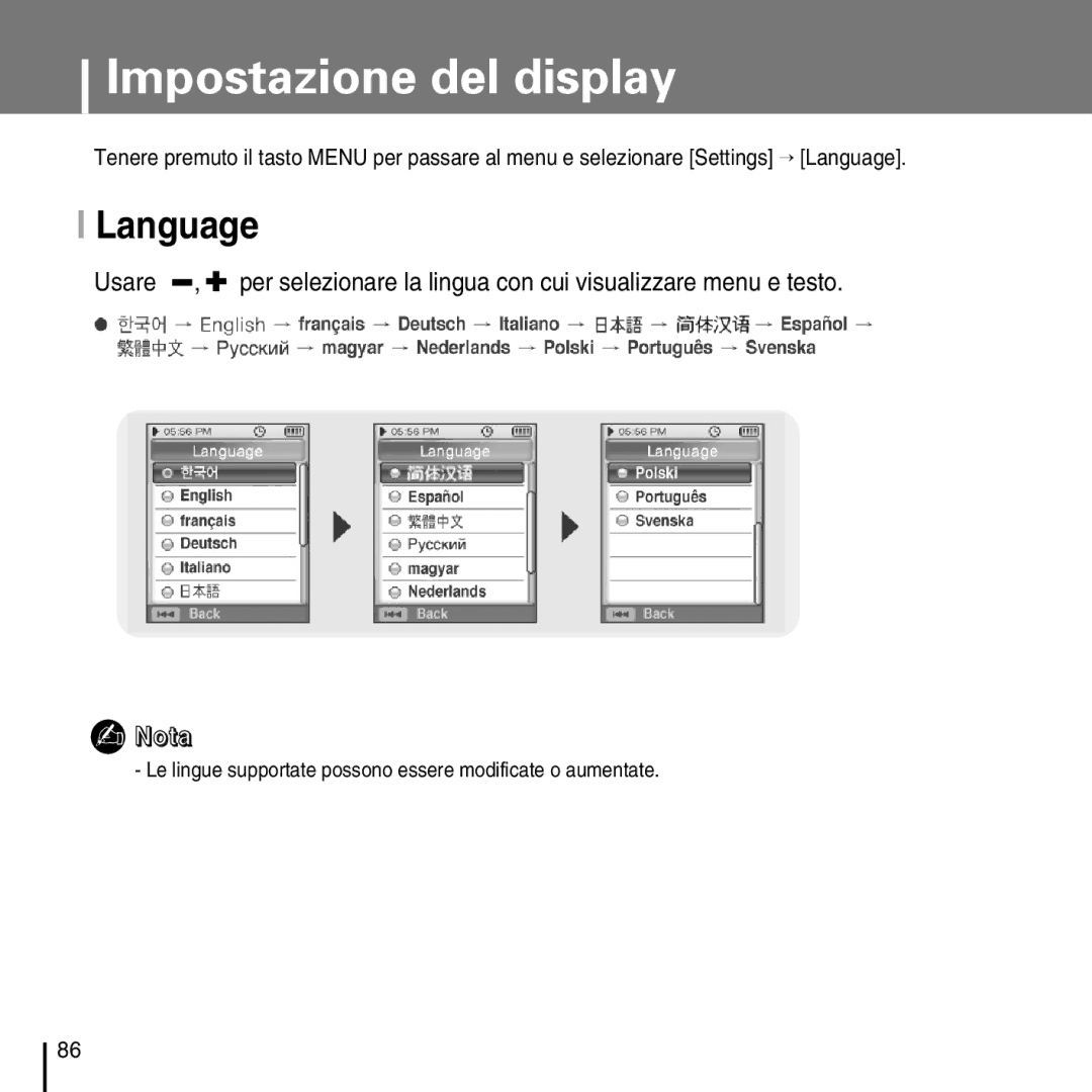 Samsung YP-D1Q/ELS, YP-D1ZW/ELS manual Language, Le lingue supportate possono essere modificate o aumentate 