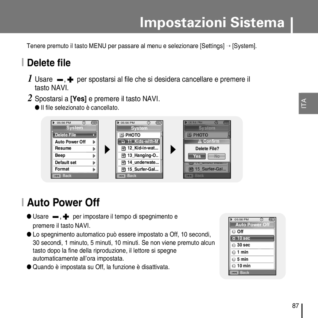 Samsung YP-D1ZW/ELS, YP-D1Q/ELS manual Impostazioni Sistema, Auto Power Off, Delete file, Il file selezionato è cancellato 