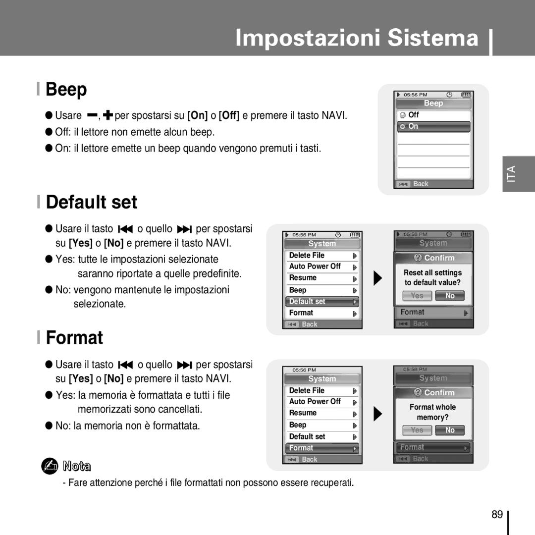 Samsung YP-D1ZW/ELS, YP-D1Q/ELS manual Beep, Default set, Format, No vengono mantenute le impostazioni selezionate 