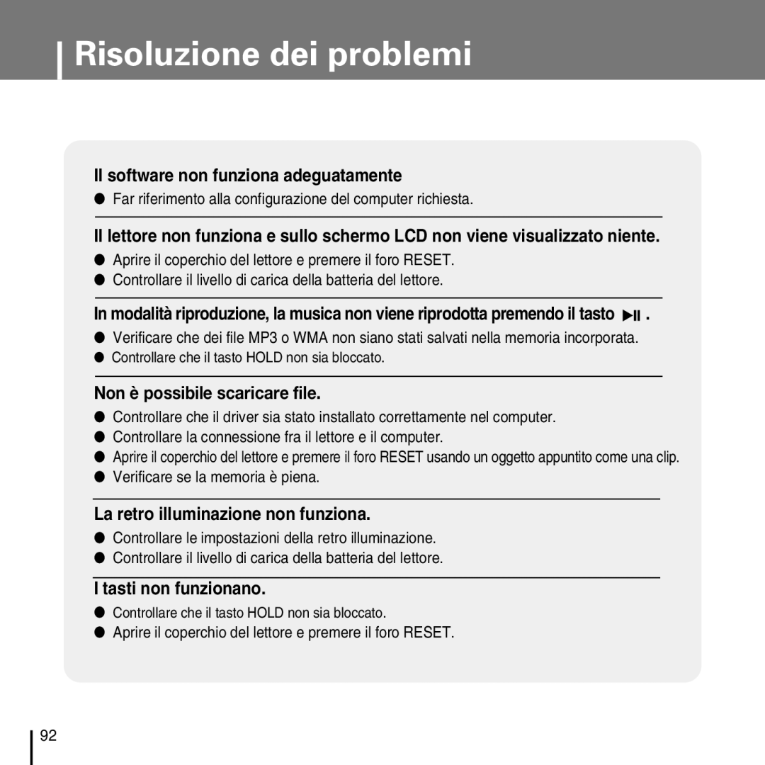 Samsung YP-D1Q/ELS, YP-D1ZW/ELS manual Risoluzione dei problemi, Far riferimento alla configurazione del computer richiesta 