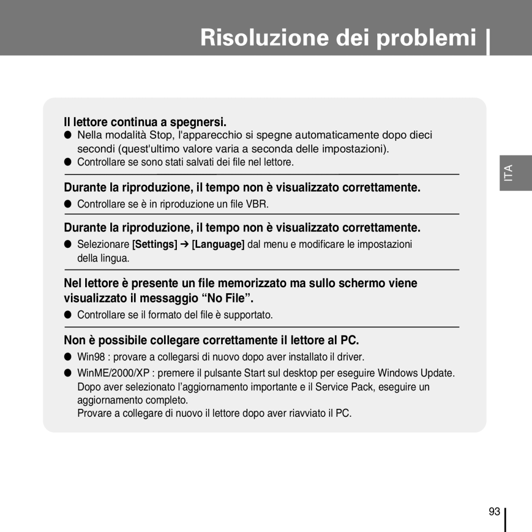 Samsung YP-D1ZW/ELS manual Controllare se è in riproduzione un file VBR, Controllare se il formato del file è supportato 