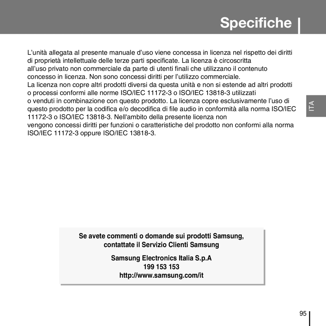 Samsung YP-D1ZW/ELS, YP-D1Q/ELS manual Specifiche 