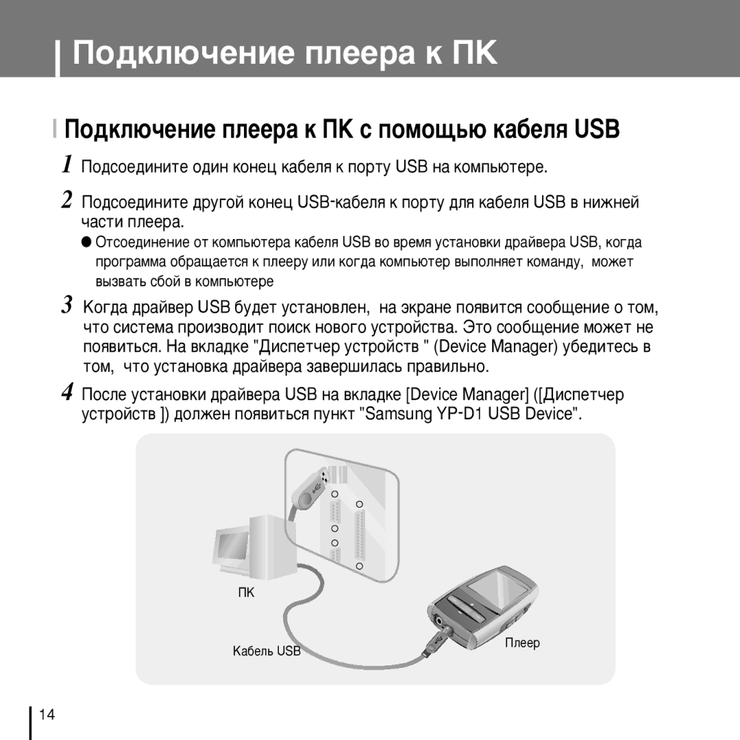 Samsung YP-D1XB/XFO manual ÈÓ‰ÍÎ˛˜ÂÌËÂ ÔÎÂÂ‡ Í èä Ò ÔÓÏÓ˘¸˛ Í‡·ÂÎﬂ USB, ‡·Âî¸ Usb Èîââ 