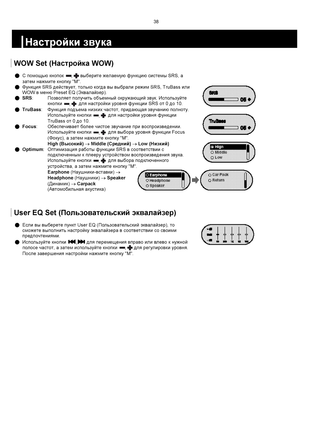 Samsung YP-F1VB/XFO, YP-F1XB/XFO manual WOW Set Настройка WOW, User EQ Set Пользовательский эквалайзер 