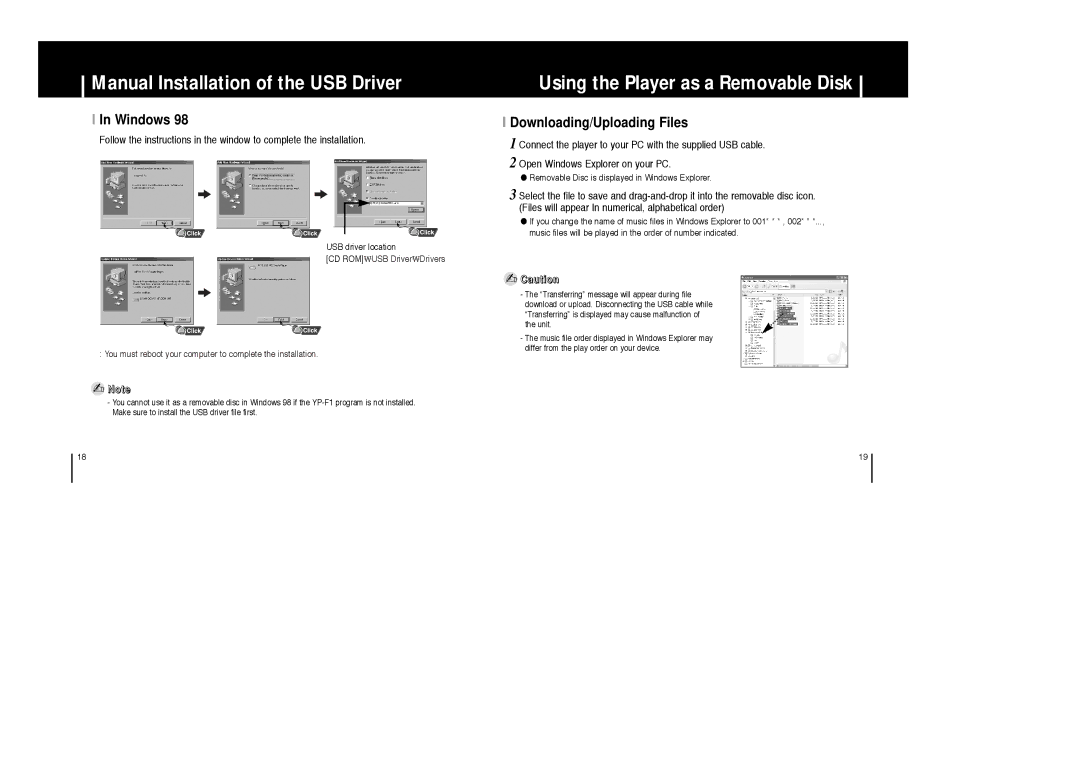 Samsung YP-F1XB/AAW, YP-F1ZW/ELS, YP-F1XB/EDC Using the Player as a Removable Disk, Windows, Downloading/Uploading Files 