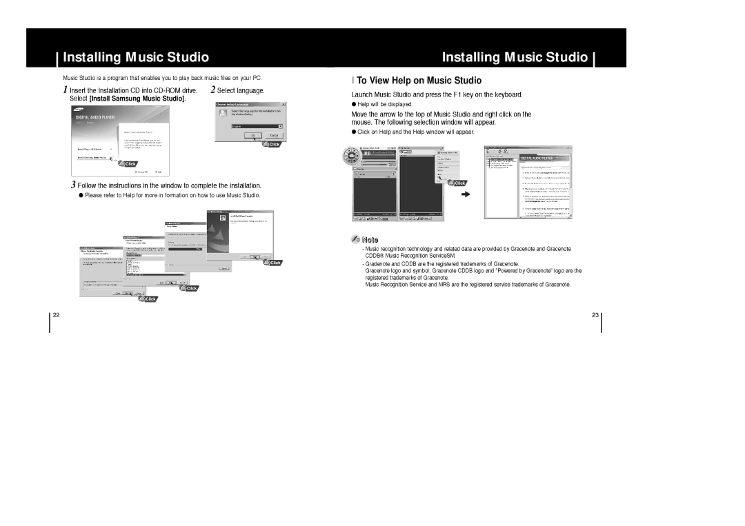 Samsung YP-F1VB/AAW, YP-F1ZW/ELS, YP-F1XB/EDC, YP-F1XB/ELS, YP-F1X/ELS Installing Music Studio, To View Help on Music Studio 