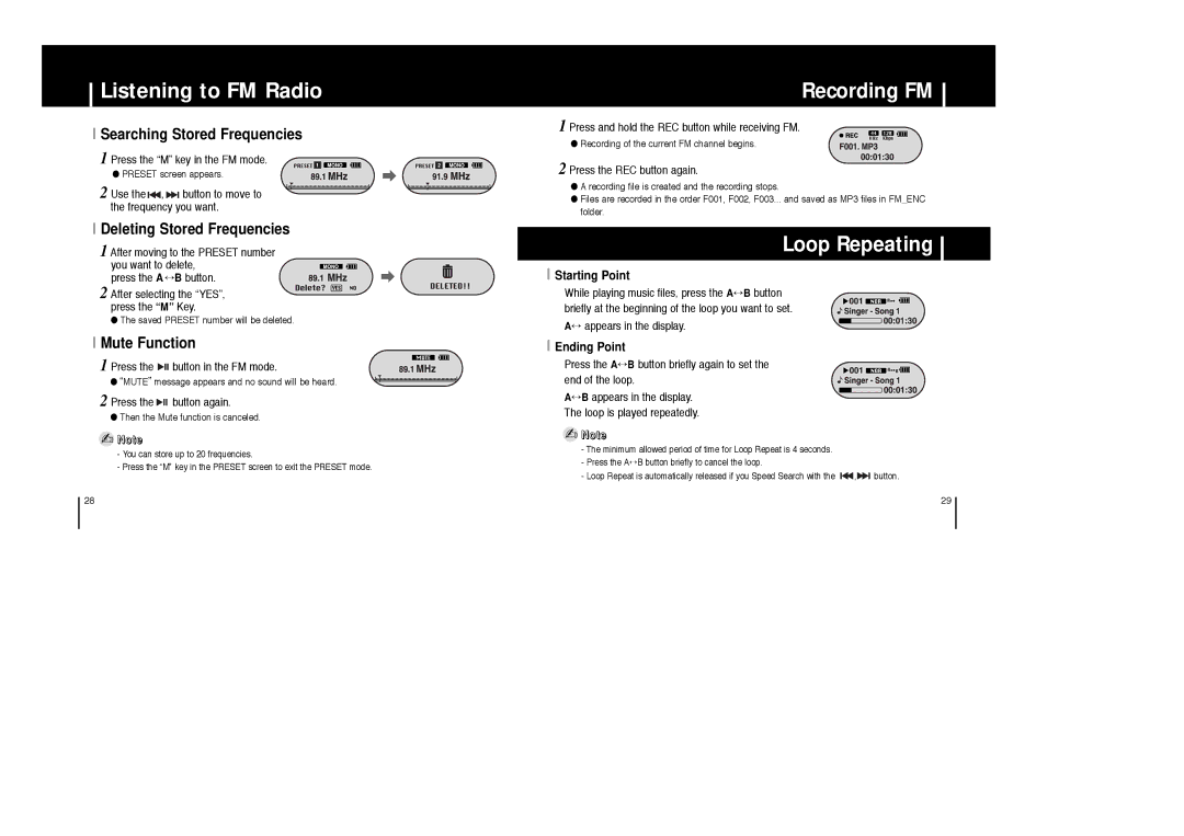 Samsung YP-F1ZB/XSG Recording FM, Loop Repeating, Searching Stored Frequencies, Deleting Stored Frequencies, Mute Function 