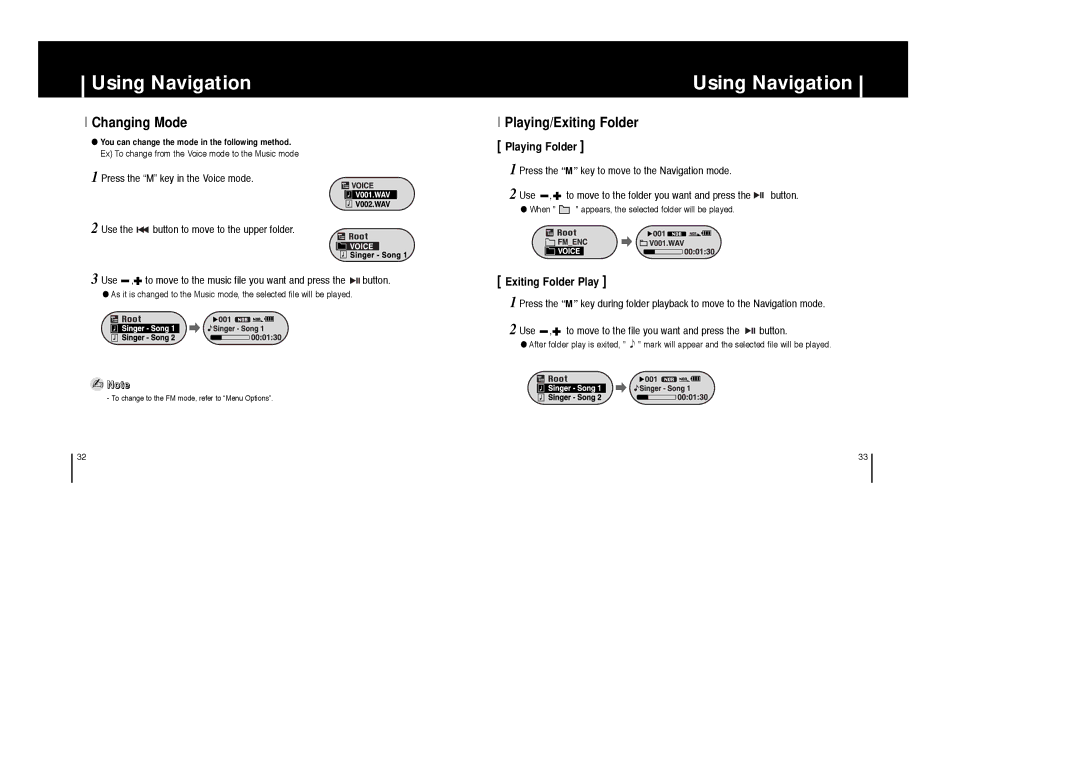 Samsung YP-F1XB/HAO, YP-F1ZW/ELS, YP-F1XB/EDC Changing Mode, Playing/Exiting Folder, Playing Folder, Exiting Folder Play 