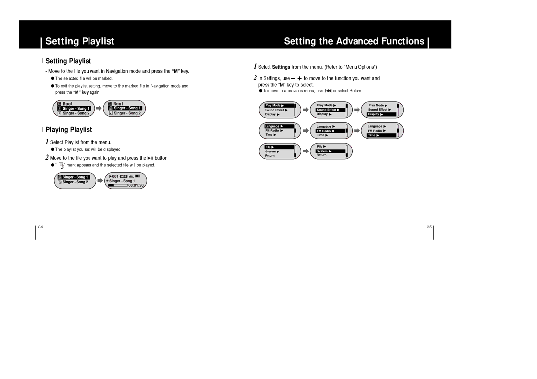 Samsung YP-F1ZB/HAO, YP-F1ZW/ELS, YP-F1XB/EDC, YP-F1X/ELS Setting Playlist, Setting the Advanced Functions, Playing Playlist 