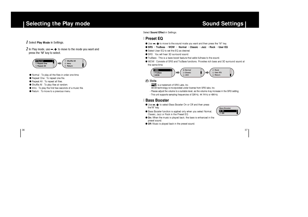 Samsung YP-F1XB/XSV, YP-F1ZW/ELS, YP-F1XB/EDC, YP-F1XB/ELS Selecting the Play mode, Sound Settings, Preset EQ, Bass Booster 