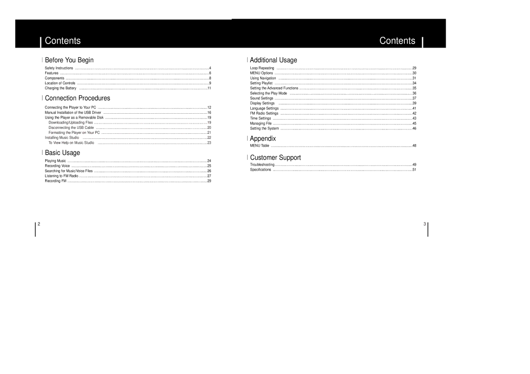 Samsung YP-F1XB/ELS, YP-F1ZW/ELS, YP-F1XB/EDC, YP-F1X/ELS, YP-F1Z/ELS, YP-F1ZW/EDC, YP-F1XC/ELS, YP-F1ZB/ELS manual Contents 