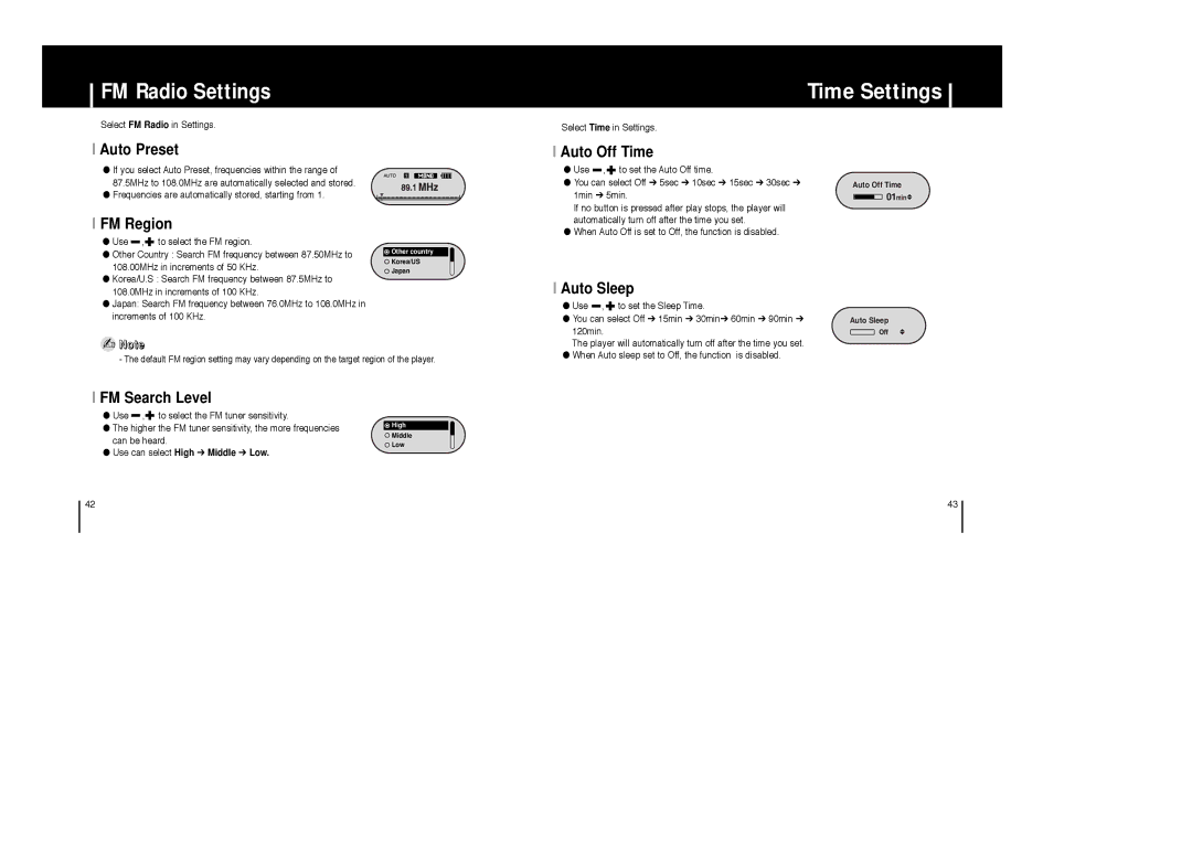 Samsung YP-F1ZB/XSV, YP-F1ZW/ELS, YP-F1XB/EDC, YP-F1XB/ELS, YP-F1X/ELS, YP-F1Z/ELS manual Time Settings, FM Radio Settings 