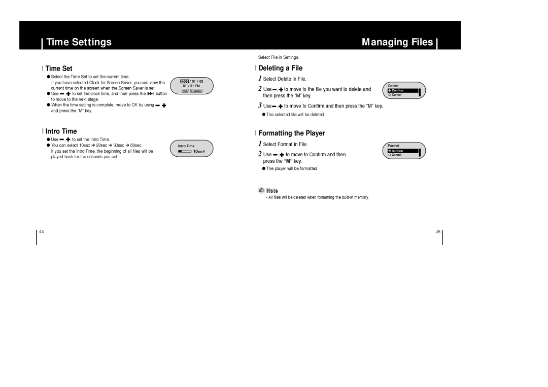 Samsung YP-F1ZW/XSV, YP-F1ZW/ELS, YP-F1XB/EDC, YP-F1XB/ELS, YP-F1X/ELS, YP-F1Z/ELS, YP-F1ZW/EDC Time Settings, Managing Files 