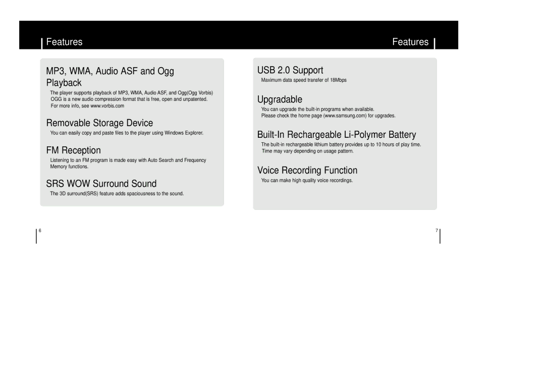 Samsung YP-F1Z/ELS, YP-F1ZW/ELS, YP-F1XB/EDC, YP-F1XB/ELS, YP-F1X/ELS manual Features, MP3, WMA, Audio ASF and Ogg Playback 