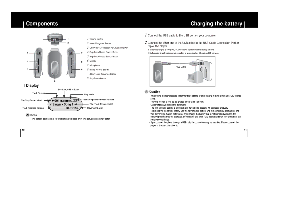 Samsung YP-F1XC/ELS, YP-F1ZW/ELS, YP-F1XB/EDC, YP-F1XB/ELS, YP-F1X/ELS, YP-F1Z/ELS Components Charging the battery, Display 