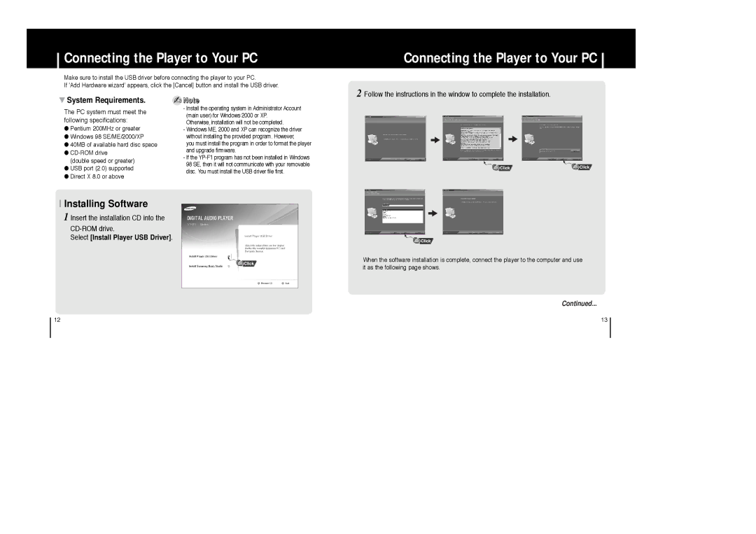 Samsung YP-F1ZB/ELS, YP-F1ZW/ELS Connecting the Player to Your PC, System Requirements, Select Install Player USB Driver 