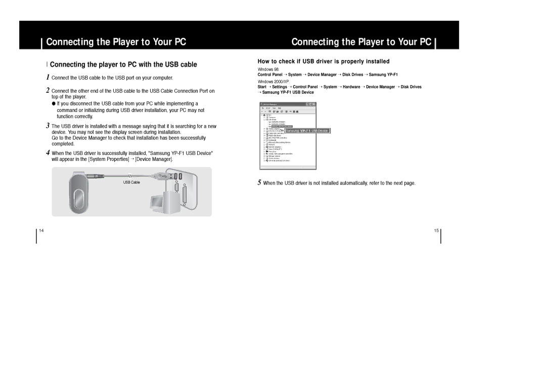 Samsung YP-F1XB/XEC Connecting the player to PC with the USB cable, How to check if USB driver is properly installedd 