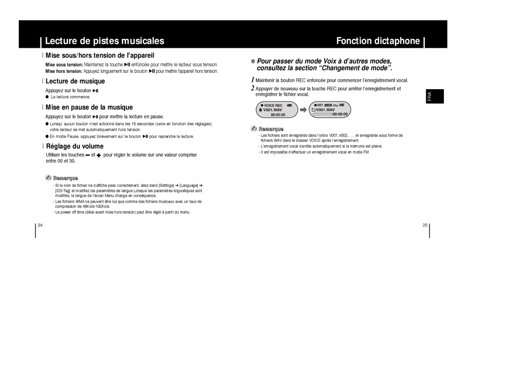 Samsung YP-F1XB/EDC, YP-F1ZW/ELS, YP-F1XB/ELS Lecture de pistes musicales, Fonction dictaphone, Appuyez sur le bouton √ 