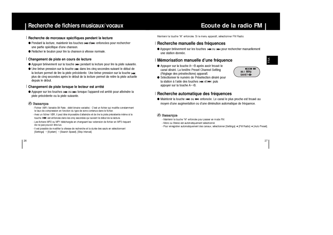 Samsung YP-F1XB/ELS manual Ecoute de la radio FM, Recherche manuelle des fréquences, Recherche automatique des fréquences 