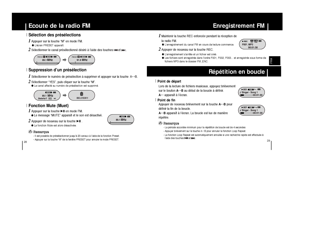 Samsung YP-F1X/ELS Enregistrement FM, Répétition en boucle, Sélection des présélections, Suppression d’un présélection 