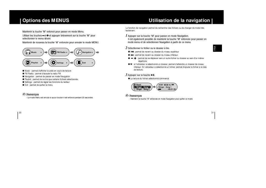 Samsung YP-F1Z/ELS Options des Menus, Utilisation de la navigation, Appuyer sur la touche M pour passer en mode Navigation 