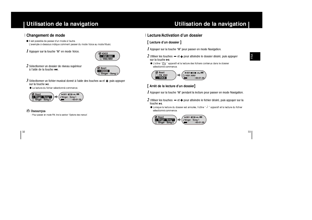 Samsung YP-F1ZW/EDC, YP-F1ZW/ELS, YP-F1XB/EDC Changement de mode, Lecture/Activation d’un dossier, Lecture d’un dossier 