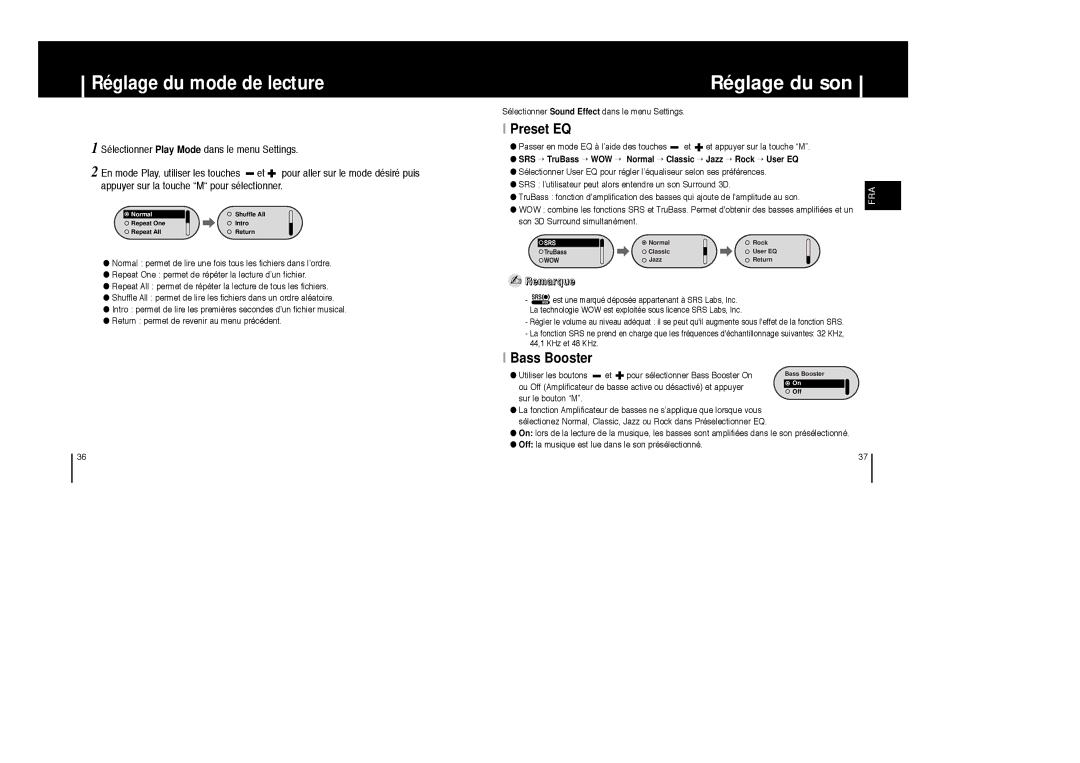 Samsung YP-F1XB/EDC, YP-F1ZW/ELS, YP-F1XB/ELS manual Réglage du son, Réglage du mode de lecture, Preset EQ, Bass Booster 